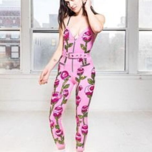 Di$count Universe Discount Jumpsuit Bodysuit Pink Roses Sequin Rave Concert Rock - Picture 2 of 5